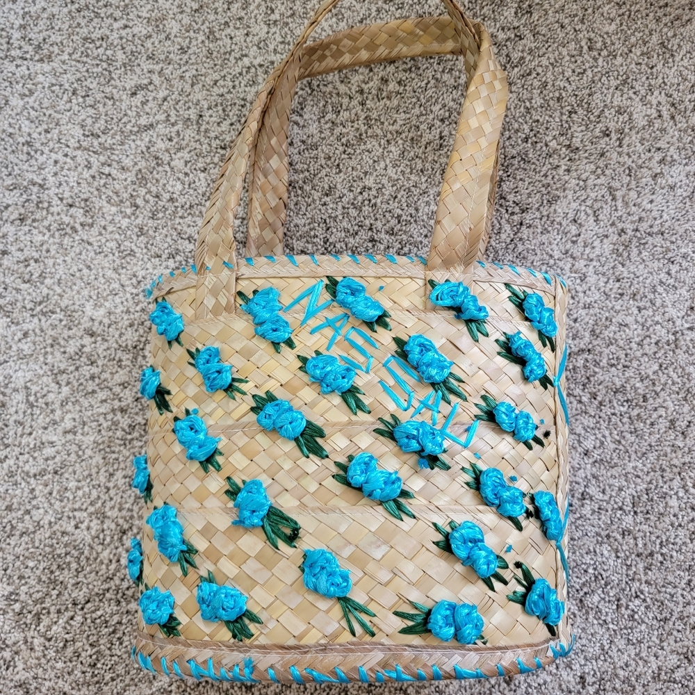 Handmade Nassau Bahamas Wicker Woven Bag Blue Floral Bucket Tote Bag